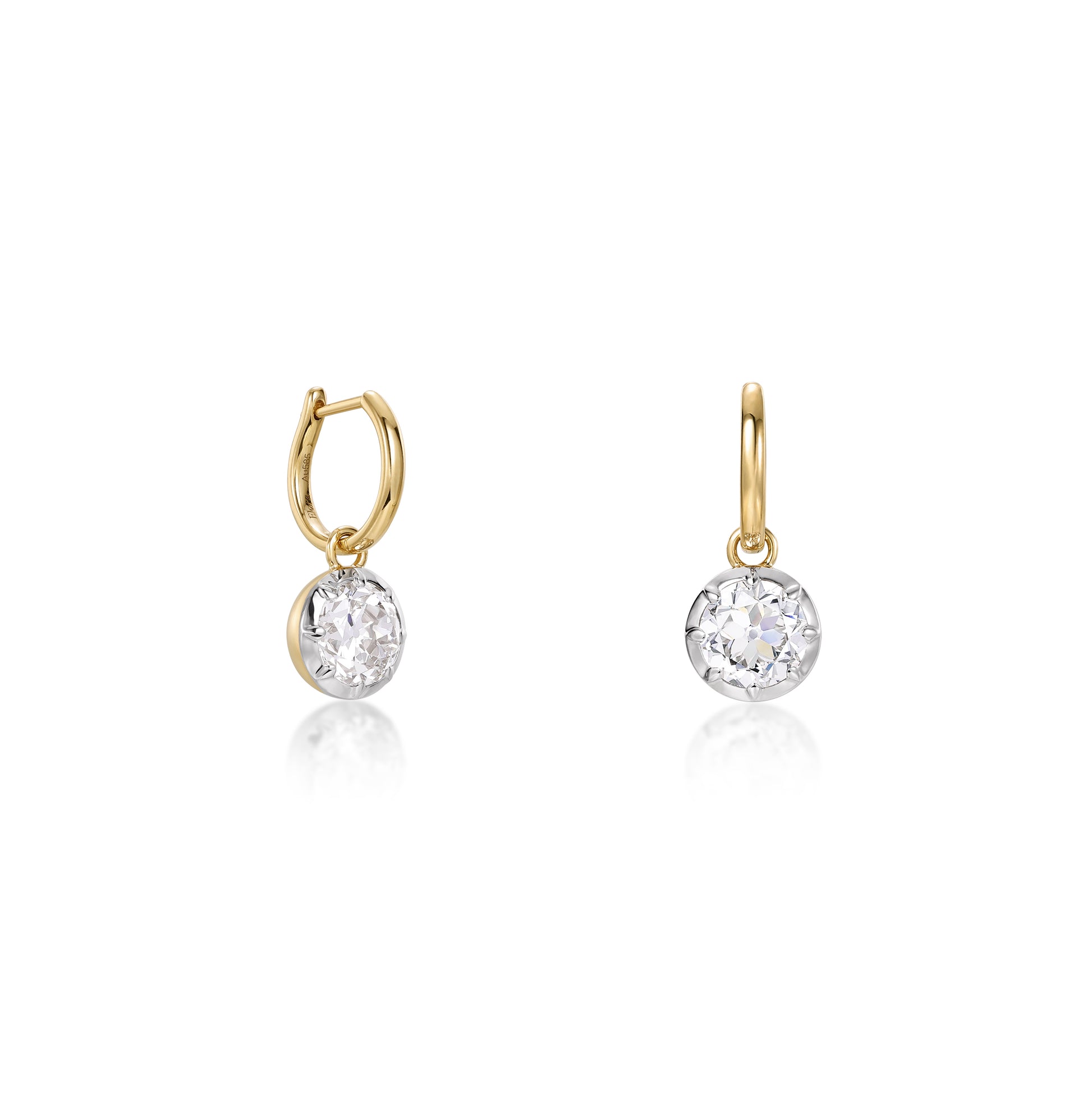 Bezel Old European Cut Diamond Drop Hoop Earrings featuring round lab grown diamonds in yellow gold setting.