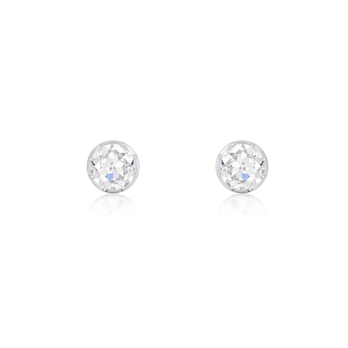 Old European Cut Diamond Stud Earrings 6ct set in 14K white gold, featuring round lab grown diamonds with vintage brilliance.