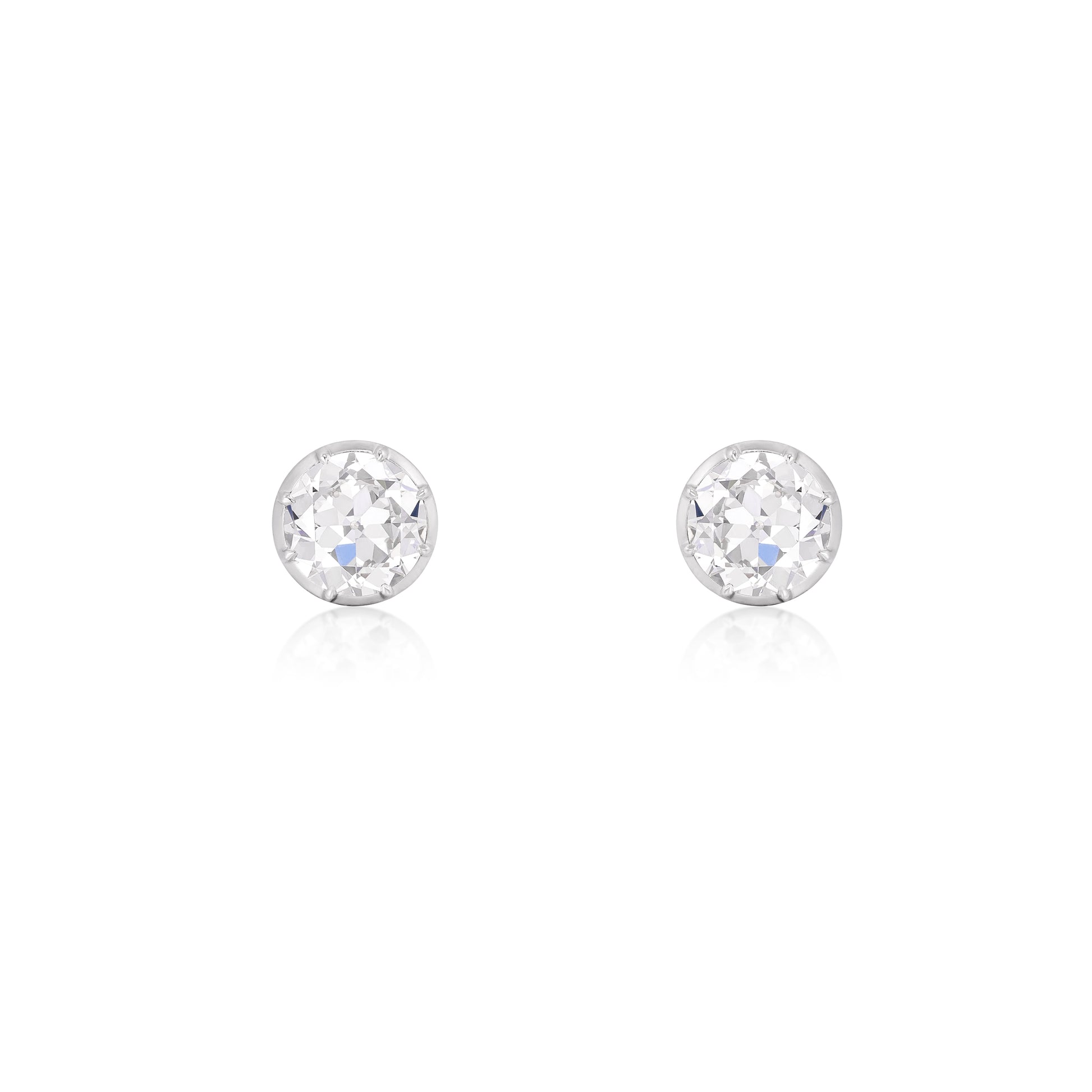 Old European Cut Diamond Stud Earrings 6ct set in 14K white gold, featuring round lab grown diamonds with vintage brilliance.