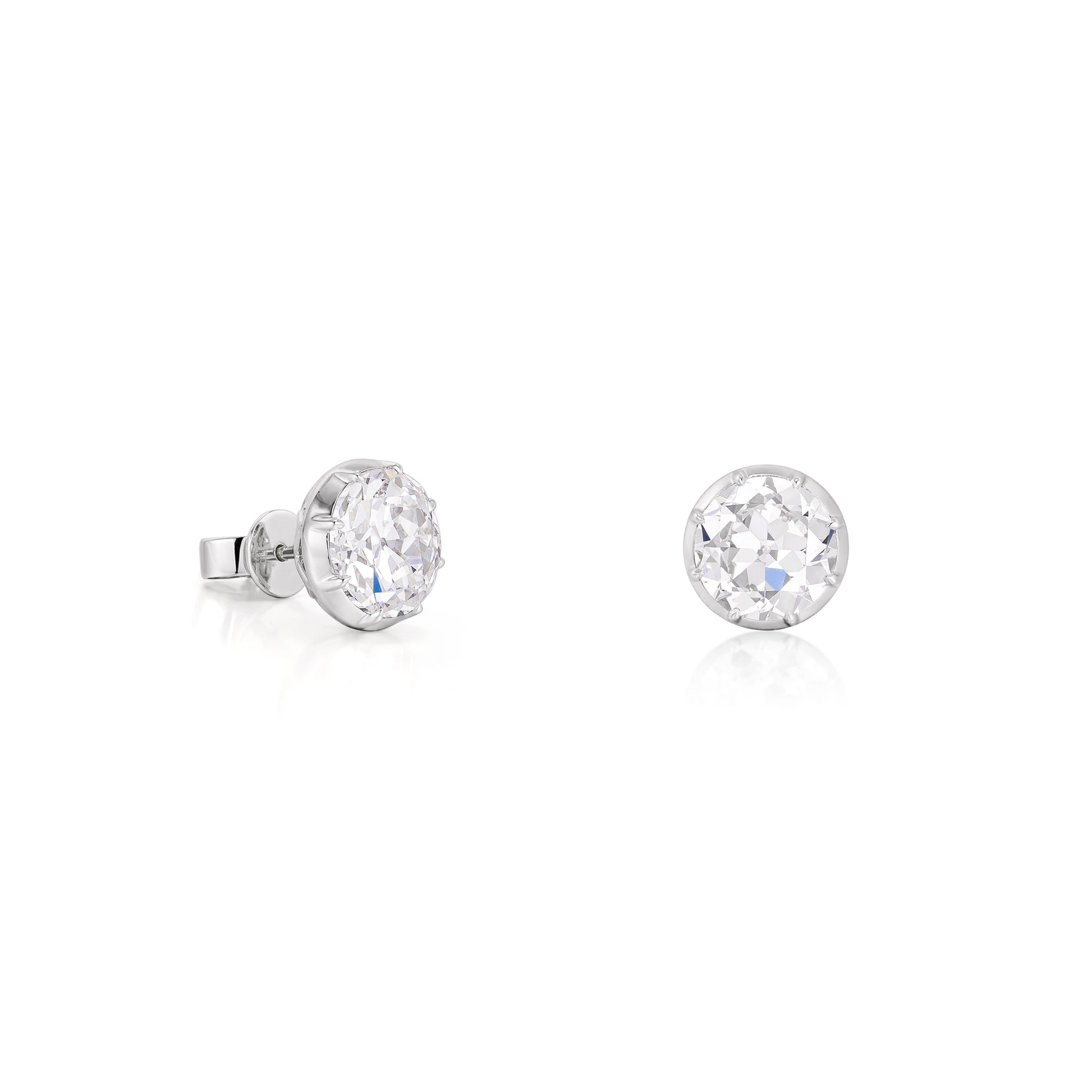 Old European Cut Diamond Stud Earrings 6ct - vintage-inspired round diamonds in 14K white gold settings.