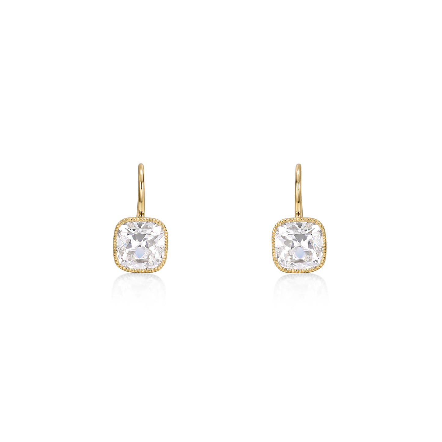 Old Mine Cushion Cut Diamond Drop Earrings in 14K yellow gold with lab grown diamonds and milgrain detailing.