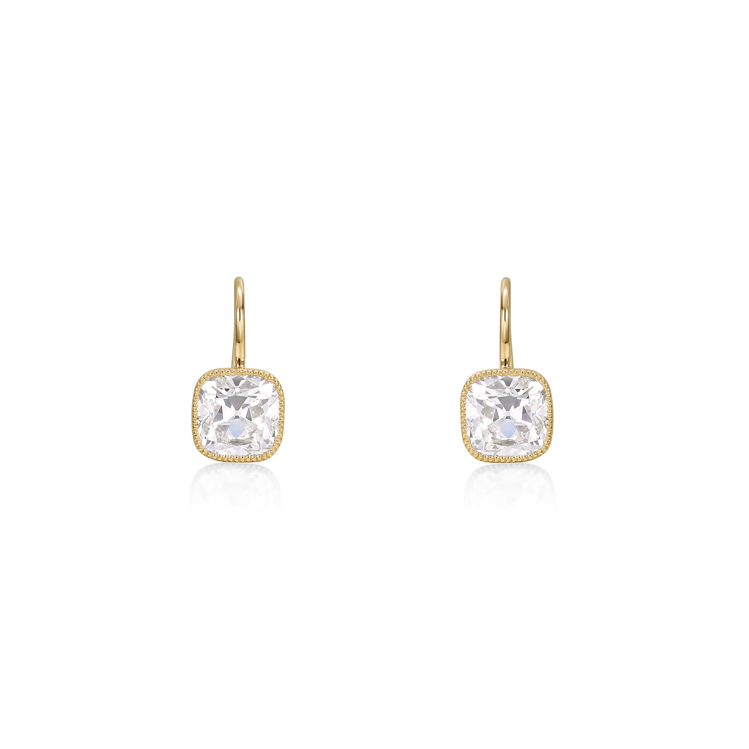 Old Mine Cushion Cut Diamond Drop Earrings in 14K yellow gold with lab grown diamonds and milgrain detailing.