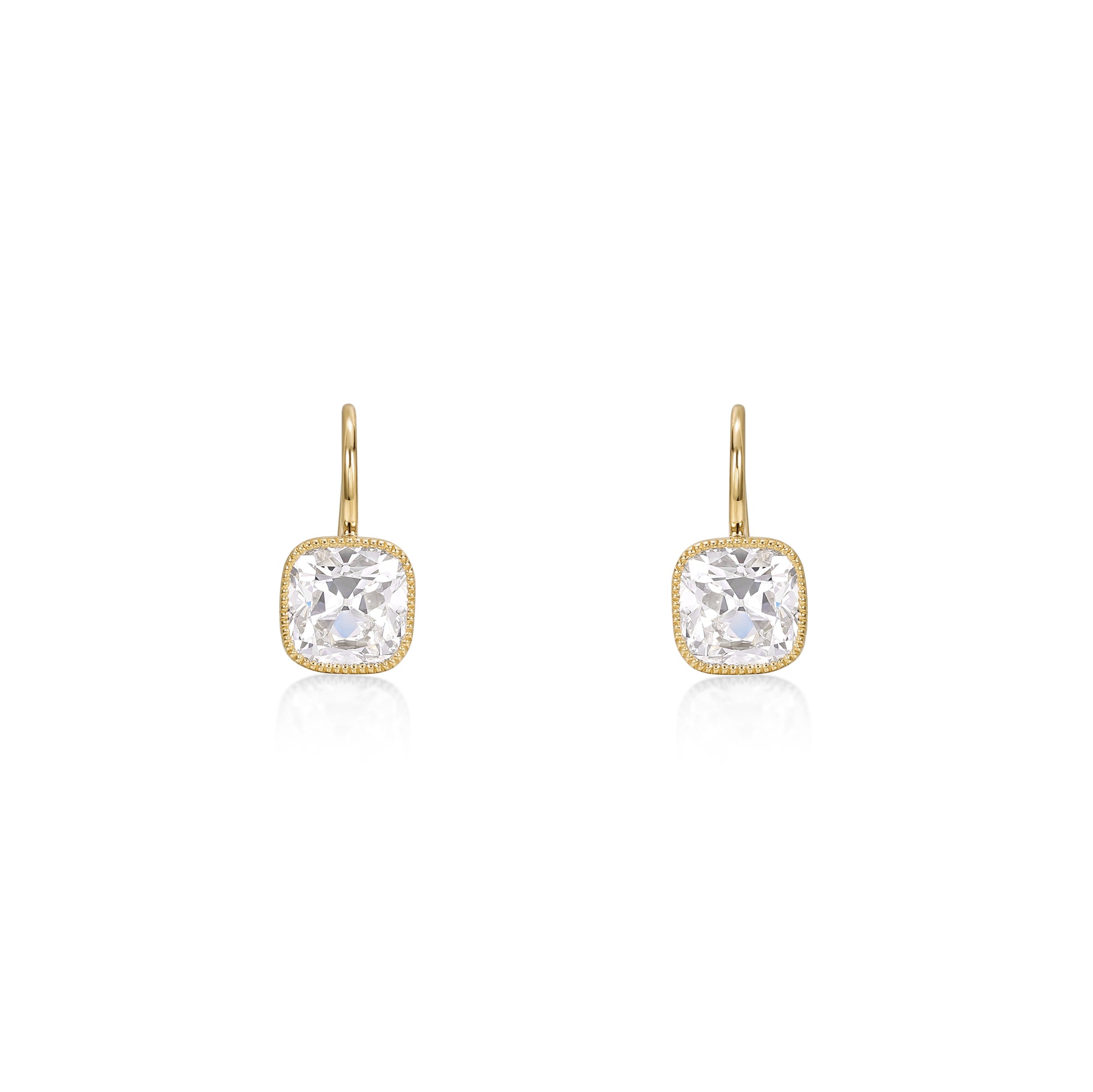 Old Mine Cushion Cut Diamond Drop Earrings in 14K yellow gold with lab grown diamonds and milgrain detailing.