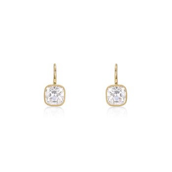 Old Mine Cushion Cut Diamond Drop Earrings in 14K yellow gold with lab grown diamonds and milgrain detailing.
