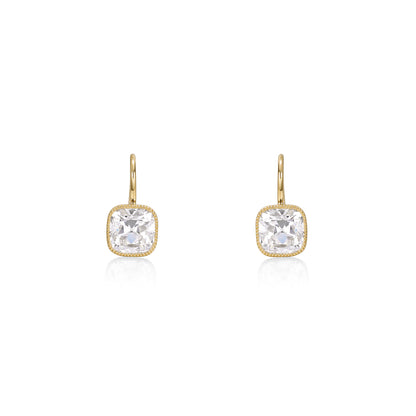 Old Mine Cushion Cut Diamond Drop Earrings in 14K yellow gold with lab grown diamonds and milgrain detailing.