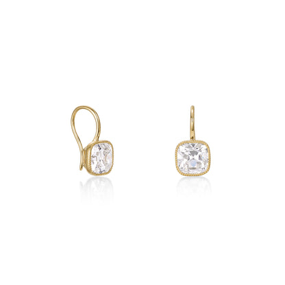 Old Mine Cushion Cut Diamond Drop Earrings in 14K yellow gold with vintage design and milgrain detailing.