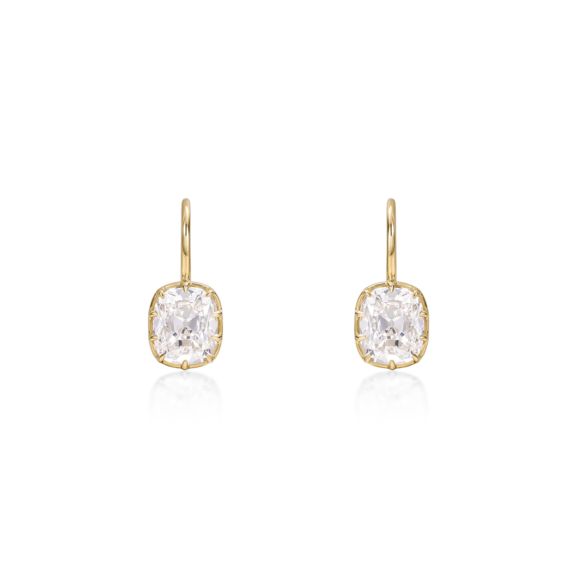 Old Mine Cushion Cut Diamond Drop Earrings with Prongs in 14K yellow gold showcasing lab grown diamonds.