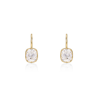 Old Mine Cushion Cut Diamond Drop Earrings with Prongs in 14K yellow gold showcasing lab grown diamonds.