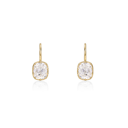Old Mine Cushion Cut Diamond Drop Earrings with Prongs in 14K yellow gold showcasing lab grown diamonds.