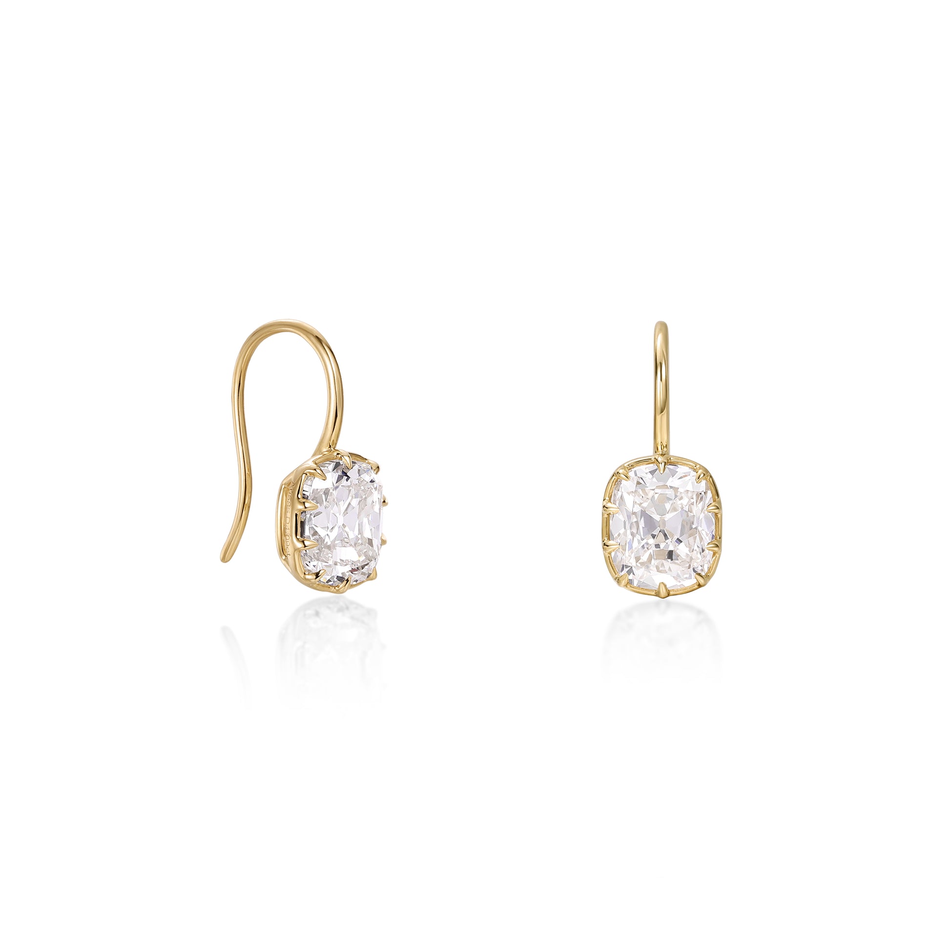 Old Mine Cushion Cut Diamond Drop Earrings with Prongs in 14K yellow gold with cushion cut lab grown diamonds.