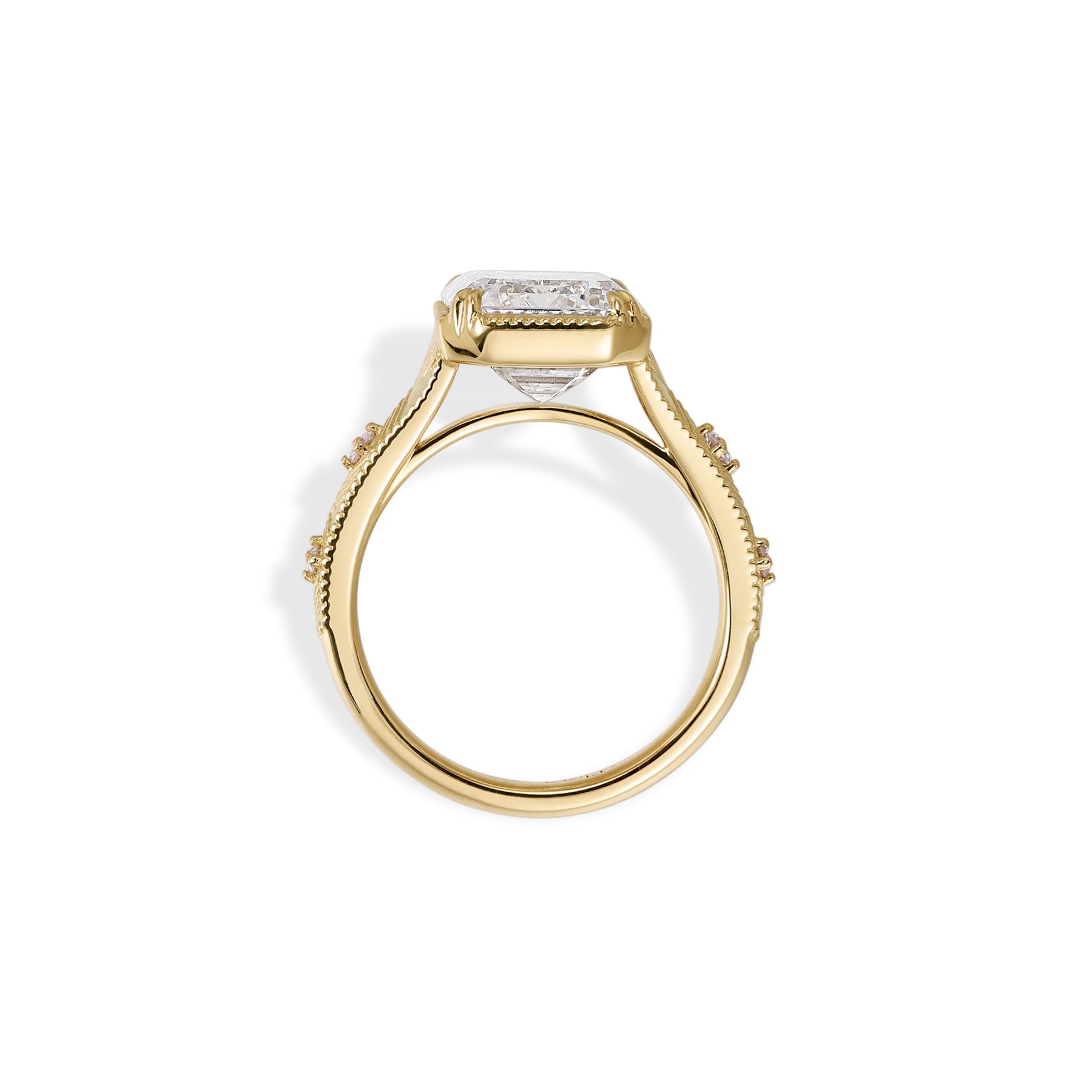Aurelia-Emerald Cut Lab Grown Diamond Engagement Ring viewed from the side showcasing the elaborate setting and diamond details.