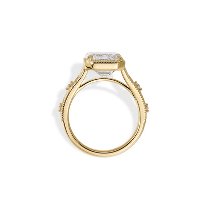 Aurelia-Emerald Cut Lab Grown Diamond Engagement Ring viewed from the side showcasing the elaborate setting and diamond details.