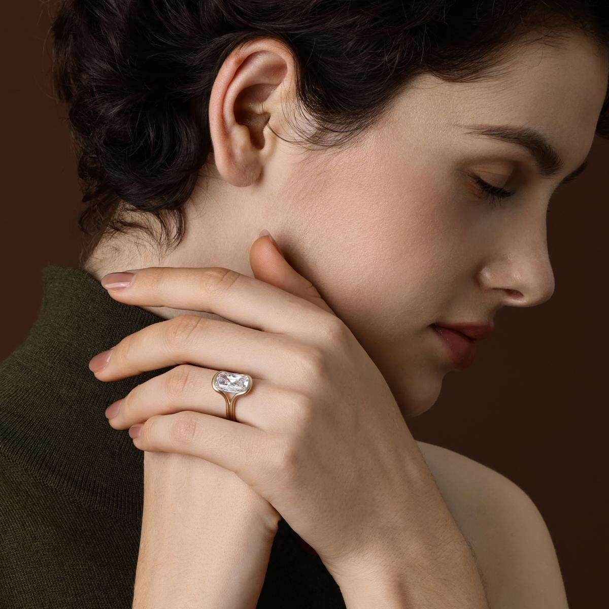 Celeste Old mine cut lab grown diamond engagement ring worn on hand