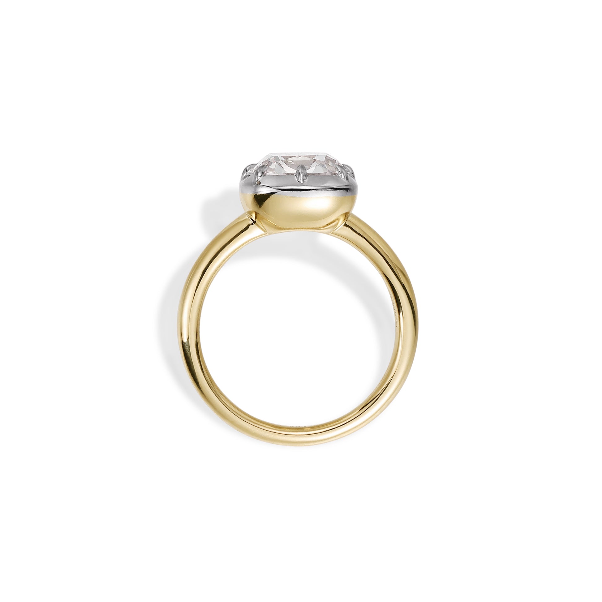 Lena-Old Mine Cushion Cut Lab Grown Diamond Engagement Ring displayed from the side, showcasing its elegant design.