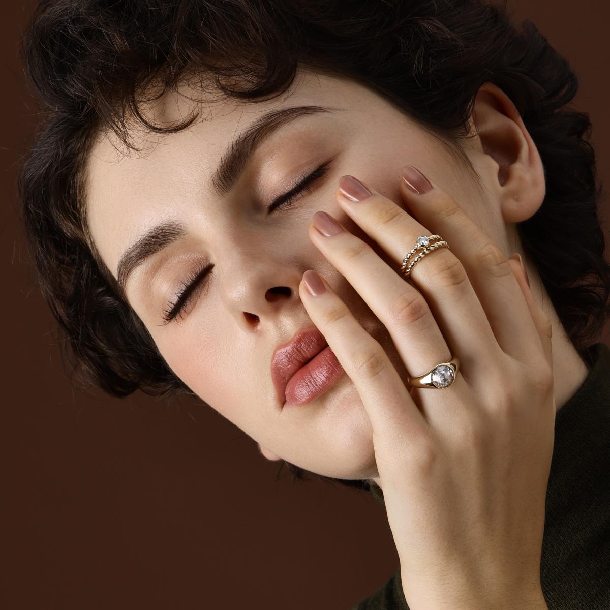 Model Wearing the Ailany Rose Cut Lab Grown Diamond Engagement Ring with 2 Twist Yellow Gold Bands on middle finger
