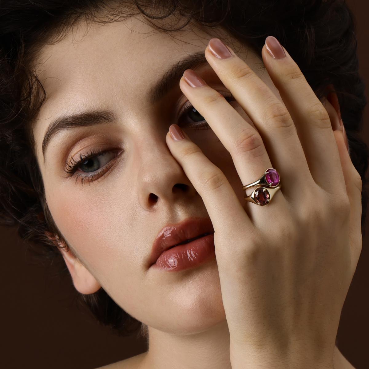 Model Wearing the Evie Oval Cut Red Tourmaline Ring styled with an oval Pink Sapphire Ring