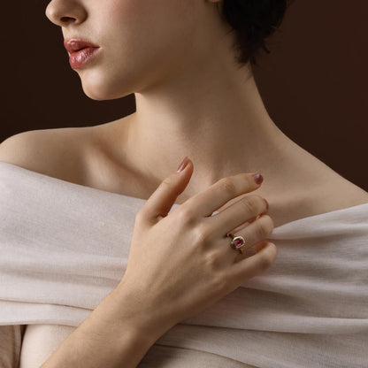 Model Wearing the Ellie Cushion Cut Light Pink Tourmaline Ring