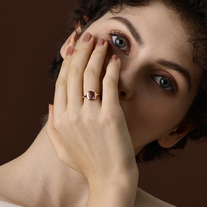 Model Wearing Cushion Cut Light Pink Tourmaline Ring in yellow gold