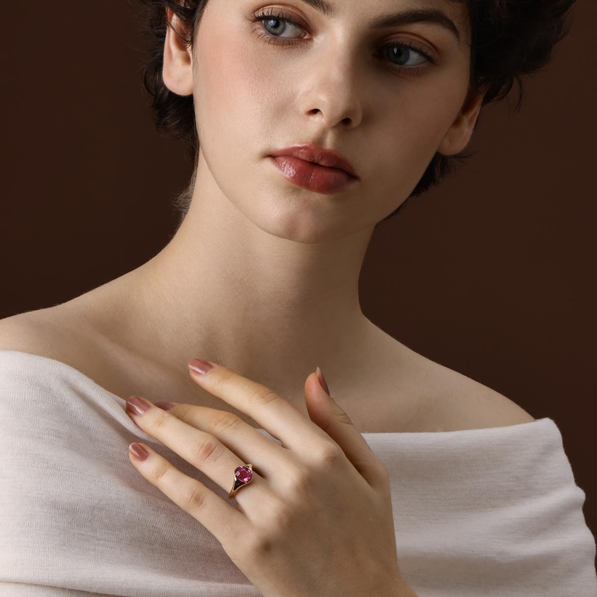 Model Wearing the Evie Oval Cut Lab Grown Pink Sapphire Ring