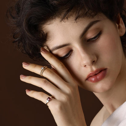 Model wearing the Sarah Sugarloaf Cabochon Reddish Pink Tourmaline Ring
