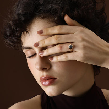 Model Wearing the Ellie Cushion Cut Green Spinel Ring in yellow gold