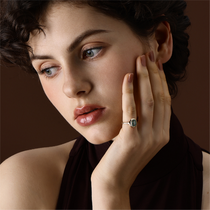 Model Wearing the Ellie Cushion Cut Green Tourmaline Ring in yellow gold