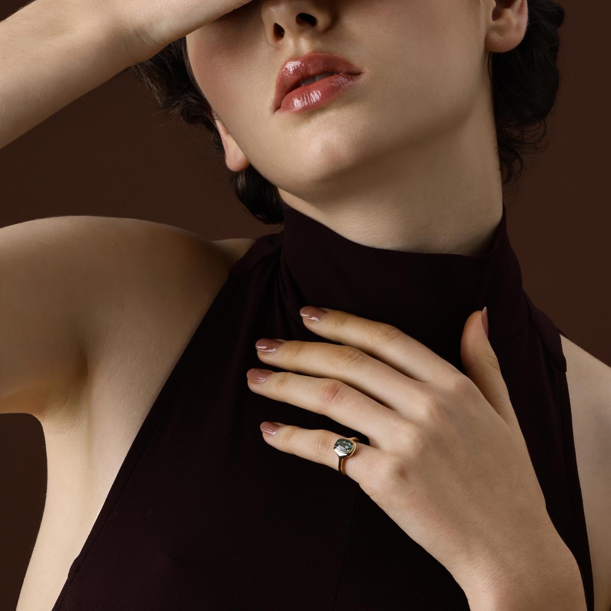Model Wearing the Ellie Cushion Cut Green Tourmaline Ring as a pinky ring
