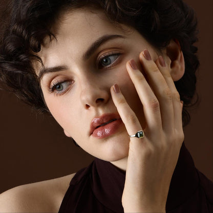 Model wearing Sugarloaf Cabochon Green Tourmaline Ring as a pinky ring