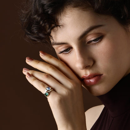 Model wearing 2 Sugarloaf Cabochon gemstone rings