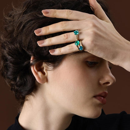  Model wearing the Jill Cushion Cut Lab Grown Mint Green Sapphire Ring styled with other gemstone Rings