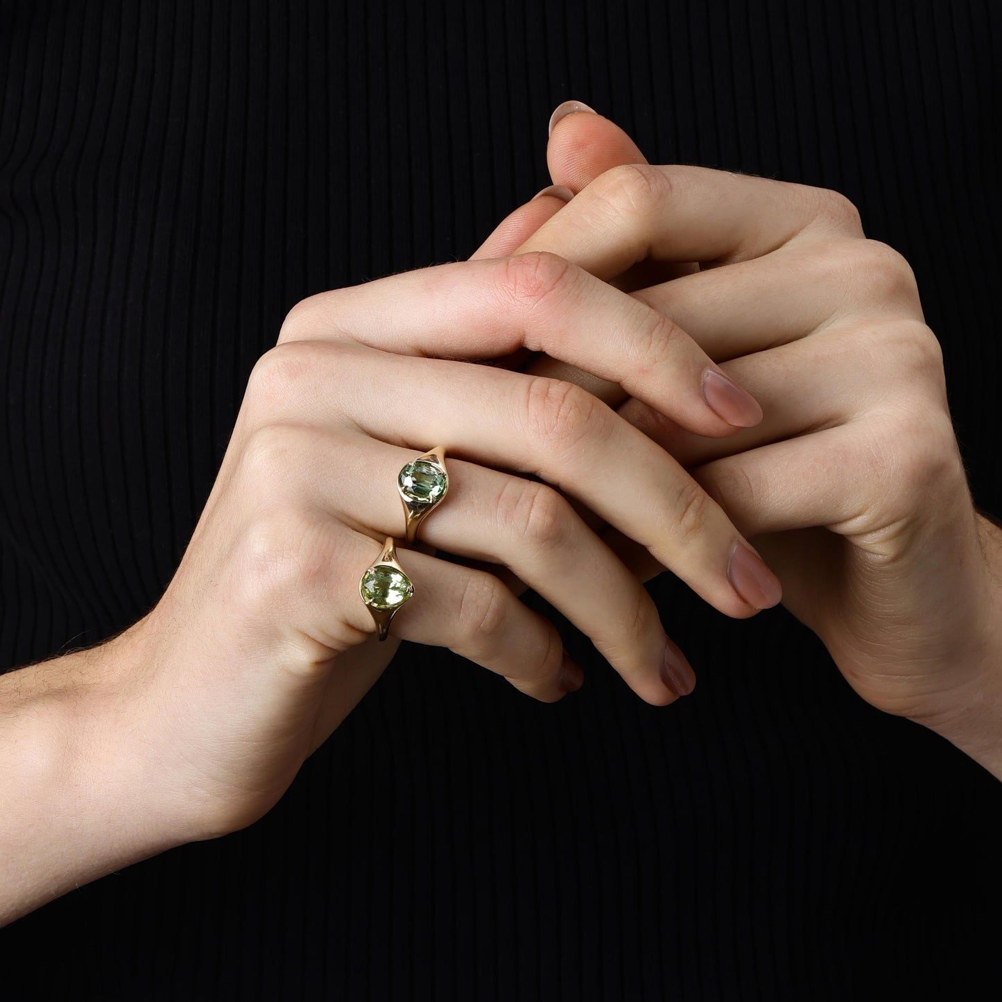 Pear Cut Lime Green Tourmaline Ring in yellow gold styled with an oval Green Tourmaline Ring