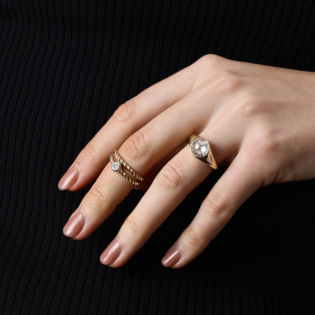 Rose Cut Lab Grown Diamond Engagement Ring shown on hand with matching bands