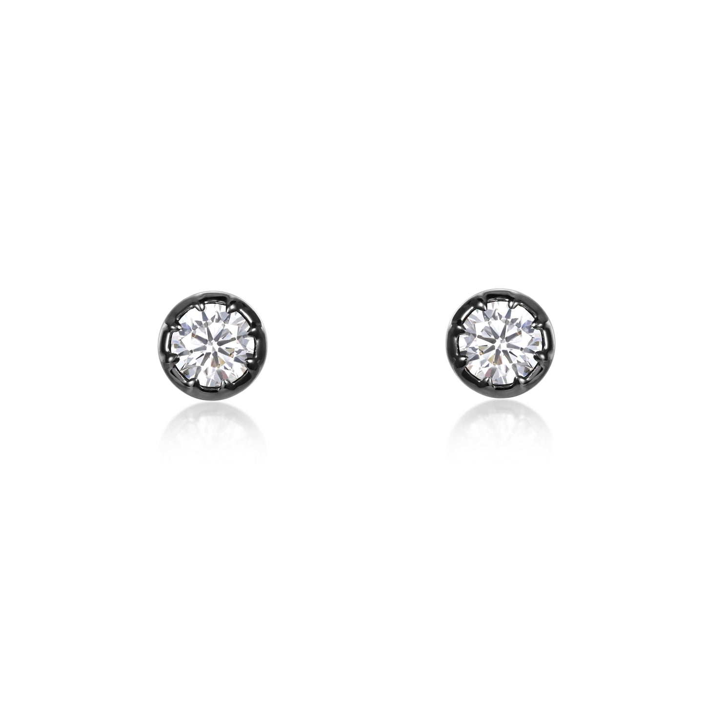 8-Prong Bezel Round Diamond Stud Earrings set in bold black gold with round brilliant white diamonds.