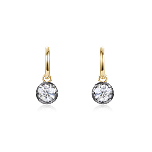 Bezel Round Diamond Drop Hoop Earrings featuring round brilliant diamonds in black gold bezels and yellow gold hoops.