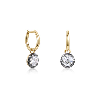 Bezel Round Diamond Drop Hoop Earrings featuring round brilliant diamonds in black gold bezels and yellow gold hoops.