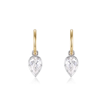 Bezel Pear Diamond Drop Hoop Earrings featuring 1.0ct pear shaped diamonds in white gold and yellow gold.