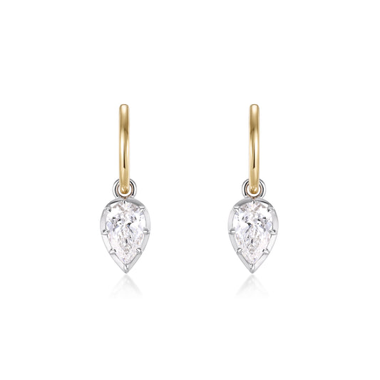 Bezel Pear Diamond Drop Hoop Earrings featuring 1.0ct pear shaped diamonds in white gold and yellow gold.