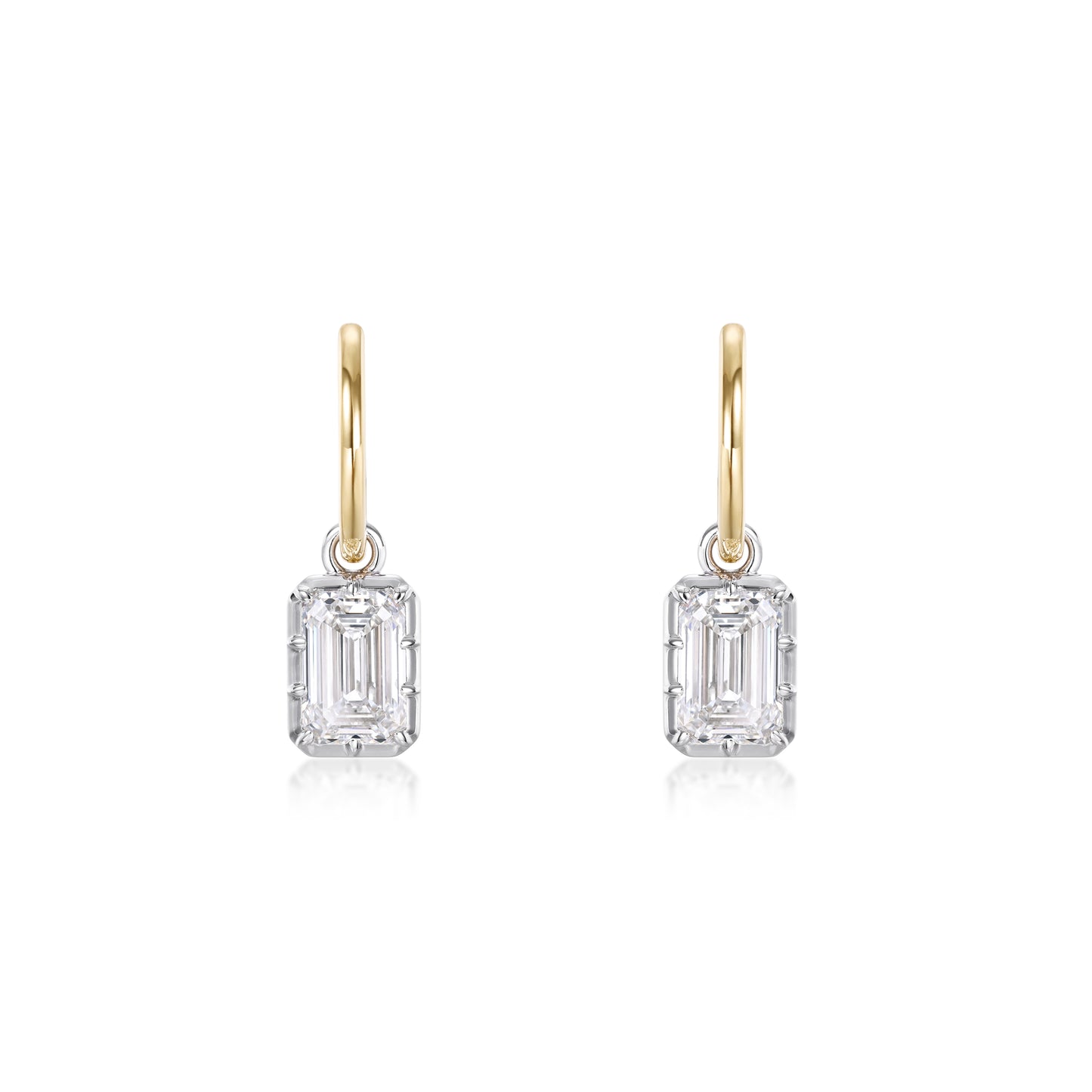 Bezel Emerald Diamond Drop Hoop Earrings showcasing 1.5ct emerald cut diamonds in yellow gold and white gold settings.