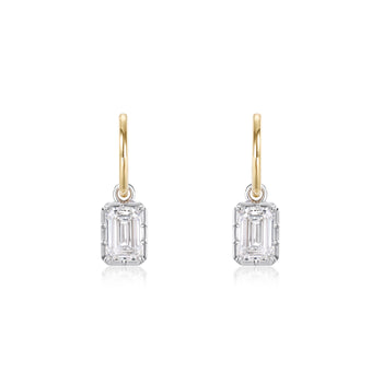 Bezel Emerald Diamond Drop Hoop Earrings showcasing 1.5ct emerald cut diamonds in yellow gold and white gold settings.