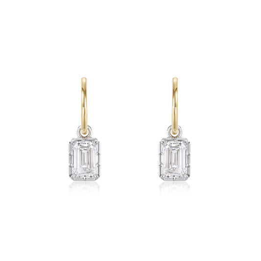 Bezel Emerald Diamond Drop Hoop Earrings showcasing 1.5ct emerald cut diamonds in yellow gold and white gold settings.