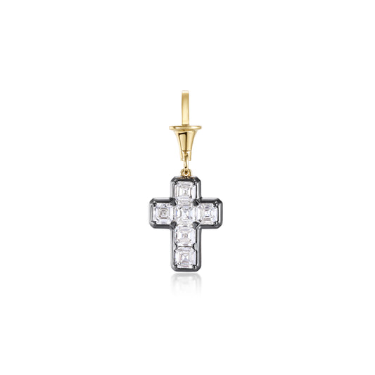 Asscher Diamond Cross Pendant Necklace in black gold with yellow gold accent and Asscher cut diamonds.