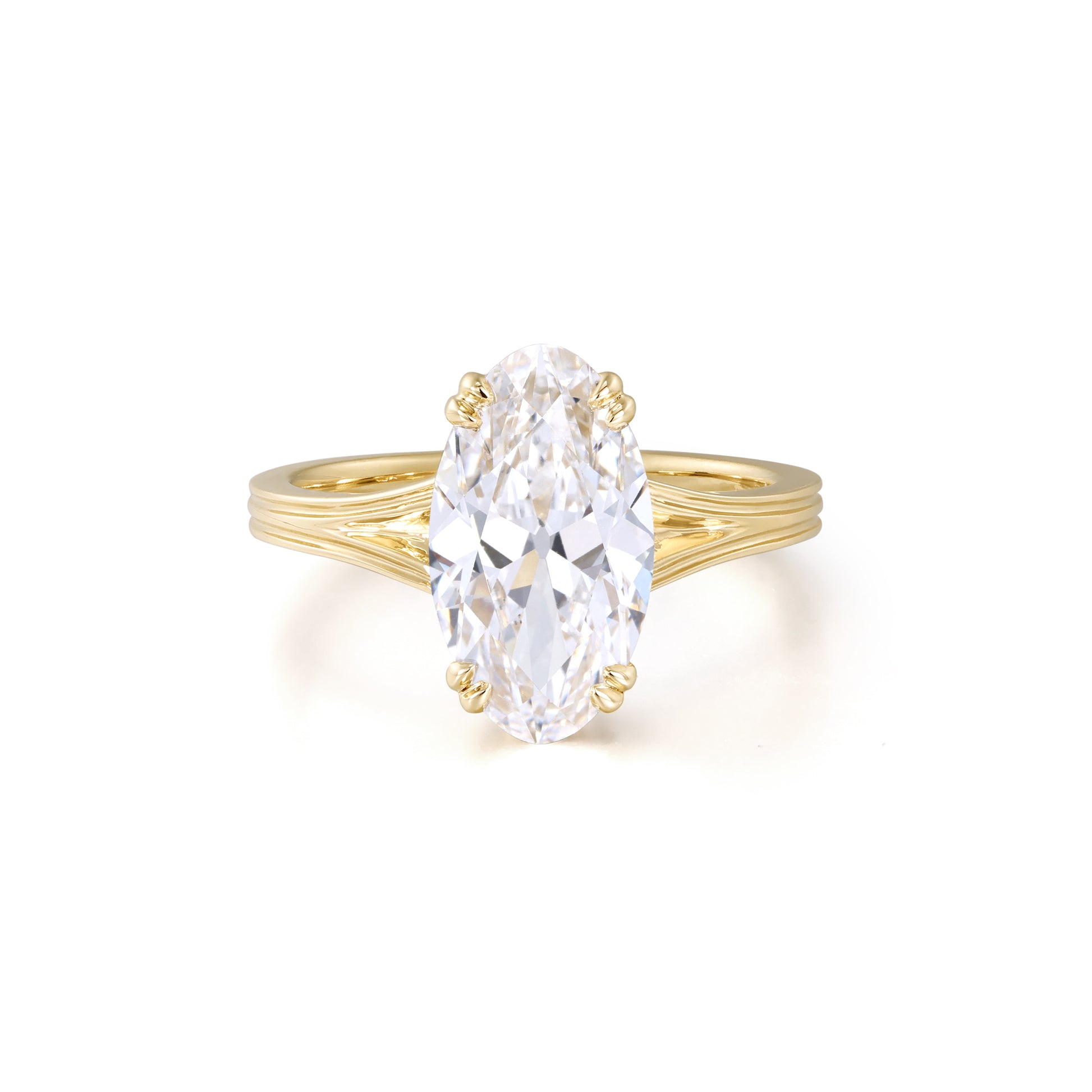 Esther-Moval Cut Lab Grown Diamond Engagement Ring with yellow gold split shank and vintage-inspired design.