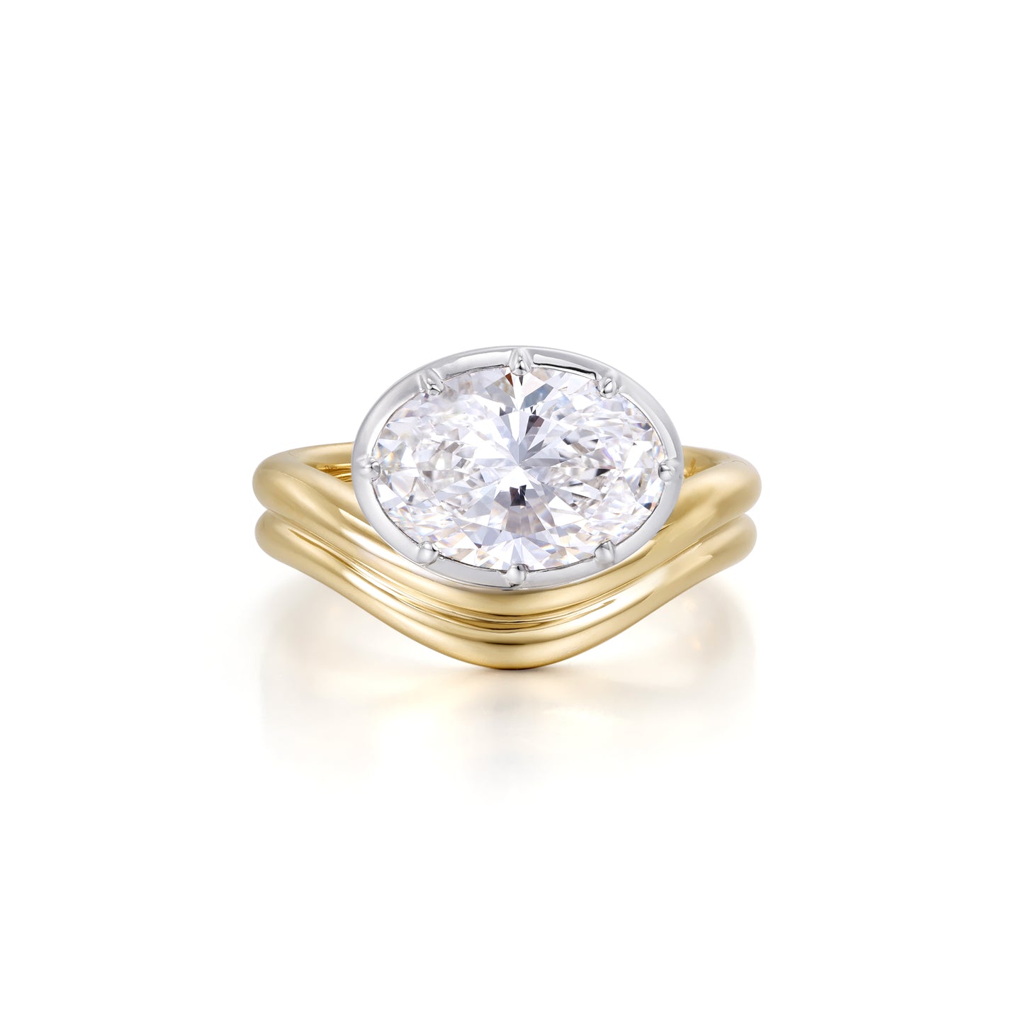 Lena-East West Oval Cut Lab Grown Diamond Engagement Ring in yellow and white gold setting featuring a brilliant oval diamond.