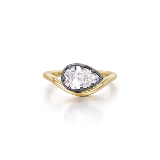 Eva-Pear Cut Lab Grown Diamond Pinky Ring showcasing a 1.0ct pear cut diamond in black gold and yellow gold settings.