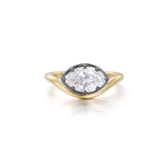 Eva-Marquise Cut Lab Grown Diamond Pinky Ring with a marquise cut diamond in black gold bezel and yellow gold band.