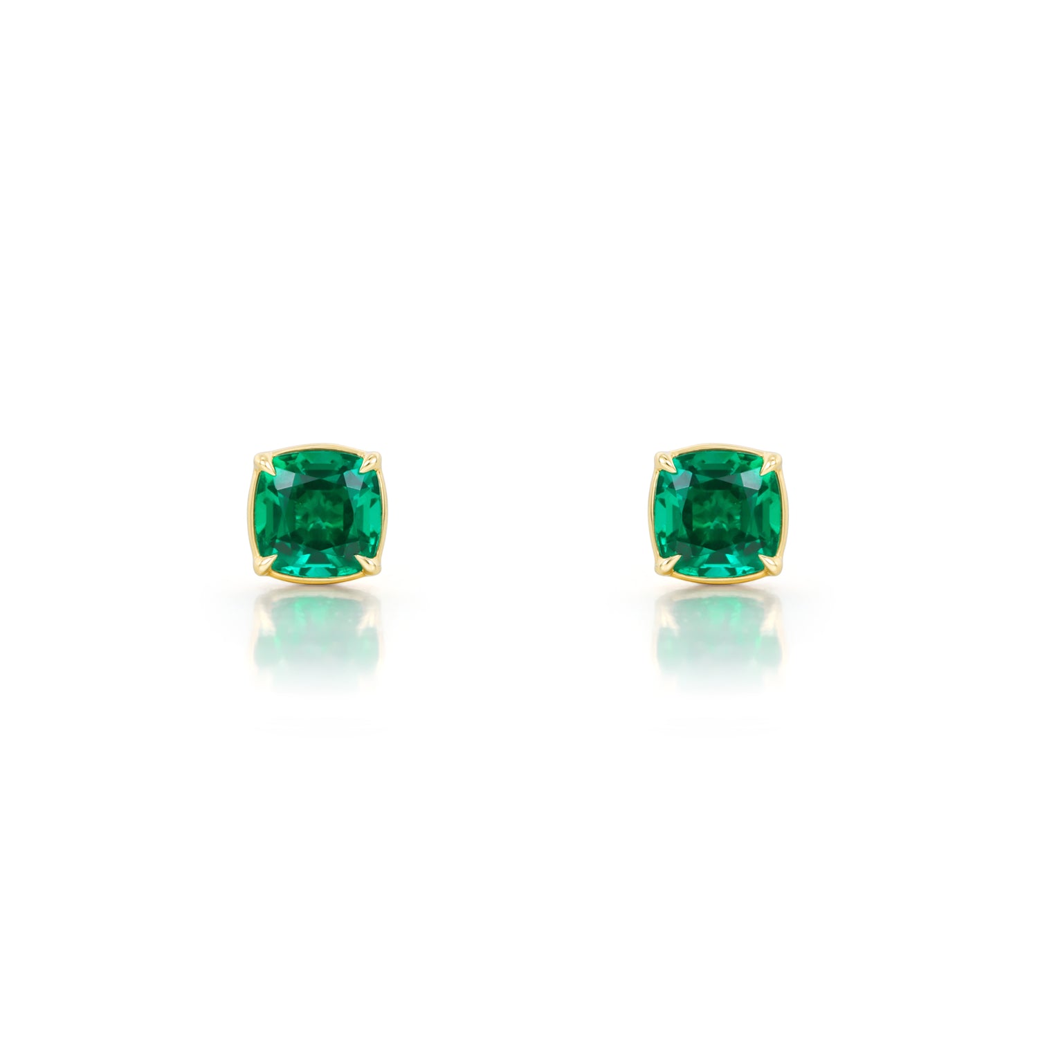 Cushion Cut Emerald Stud Earrings in 14K yellow gold with vivid green lab grown emeralds totaling 1.16ct.