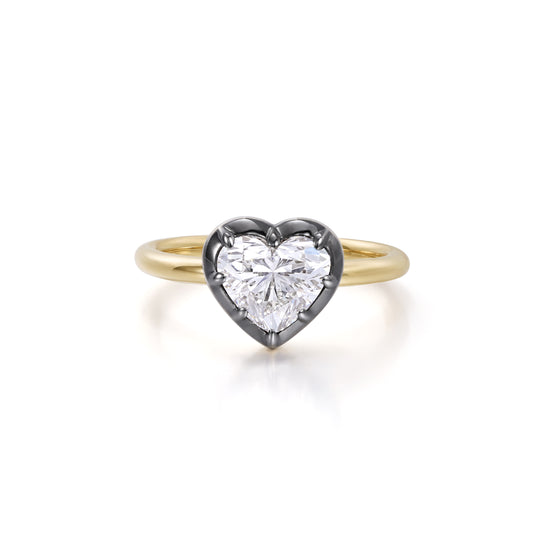Eva-Heart Cut Lab Grown Diamond Pinky Ring with a heart cut diamond in black gold and yellow gold setting.