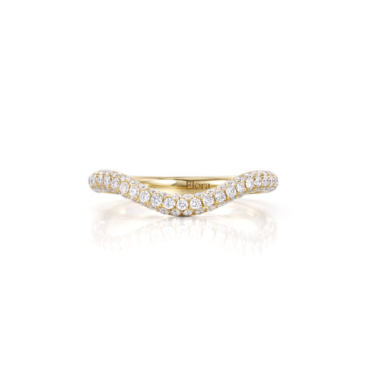 Wave-Round Cut Lab Grown Diamond Ring with a wave-like design and shimmering pavé diamonds in gold.