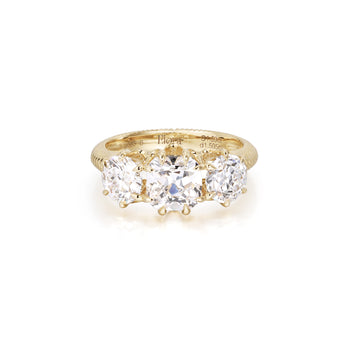 Antique Cut Lab Grown Diamond Three Stone Engagement Ring in yellow gold