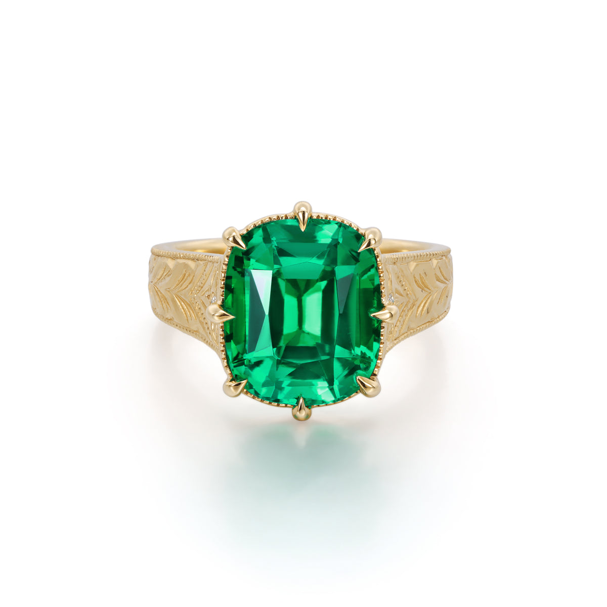 Zuri-Cushion Cut Lab Grown Emerald Engraved Ring